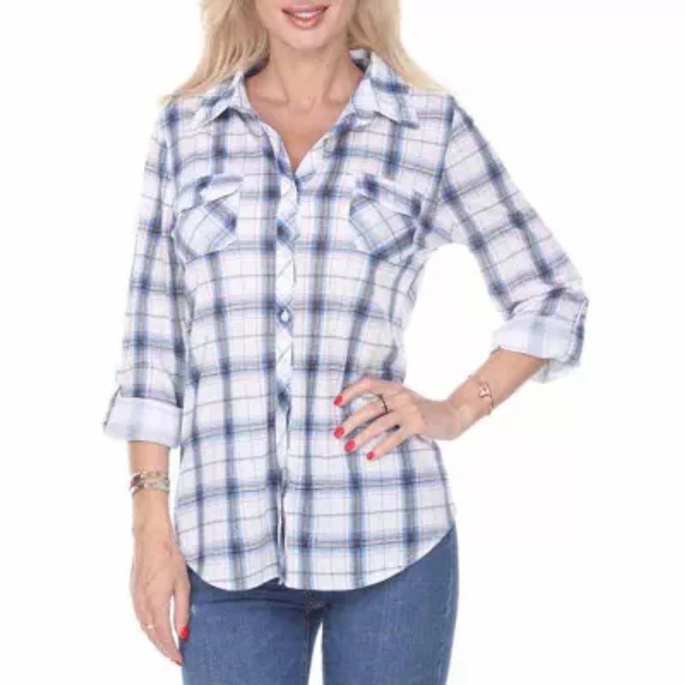 White Mark Oakley Plaid Womens 3/4 Sleeve Regular Fit Button-Down Shirt