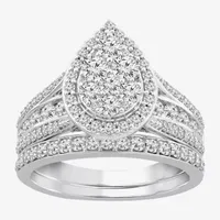 1 1/2 CT.T.W. Natural Diamond Pear Shape Side Stone Halo Bridal Set 10K or 14K White Gold