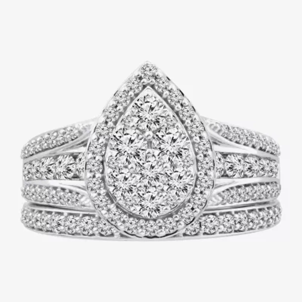 1 1/2 CT.T.W. Natural Diamond Pear Shape Side Stone Halo Bridal Set 10K or 14K White Gold