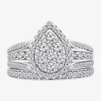 1 1/2 CT.T.W. Natural Diamond Pear Shape Side Stone Halo Bridal Set 10K or 14K White Gold