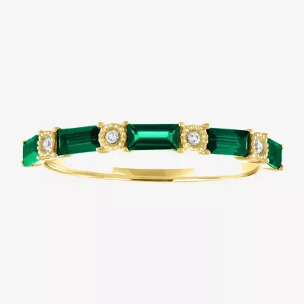 Diamond Accented 10K Gold Wedding Band with Lab Created Emerald, Sapphire, or Ruby