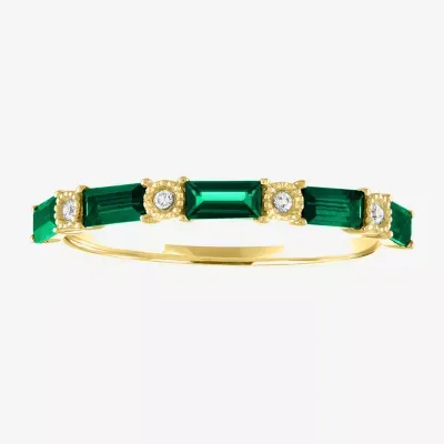 Diamond Accented 10K Gold Wedding Band with Lab Created Emerald, Sapphire, or Ruby