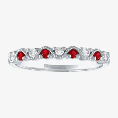 Modern Bride Gemstone Wedding Band with Emerald, Sapphire, or Lead Glass-Filled Ruby and 1/10 CT. T.W. Diamonds 10K Gold