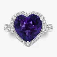 Womens Lab Created Purple Amethyst Sterling Silver Heart Halo Side Stone Cocktail Ring