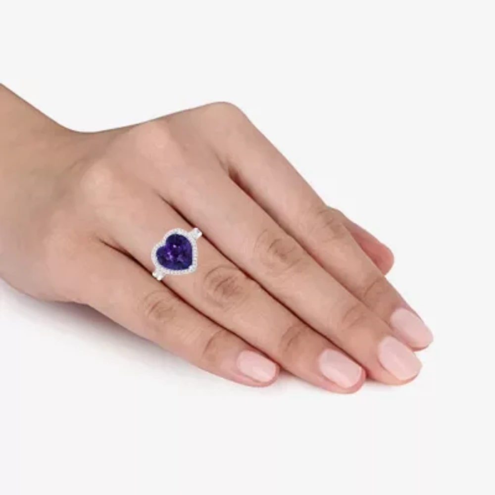 Womens Lab Created Purple Amethyst Sterling Silver Heart Halo Side Stone Cocktail Ring