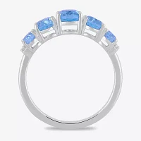 Womens Simulated Blue Aquamarine Sterling Silver Halo Side Stone Cocktail Ring