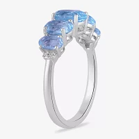 Womens Simulated Blue Aquamarine Sterling Silver Halo Side Stone Cocktail Ring