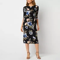 Robbie Bee Womens 3/4 Sleeve Floral Midi Sheath Dress