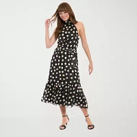 London Style Womens Sleeveless Dots Midi Fit + Flare Dress