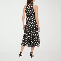 London Style Womens Sleeveless Dots Midi Fit + Flare Dress