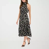 London Style Womens Sleeveless Dots Midi Fit + Flare Dress