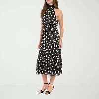 London Style Womens Sleeveless Dots Midi Fit + Flare Dress