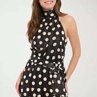 London Style Womens Sleeveless Dots Midi Fit + Flare Dress