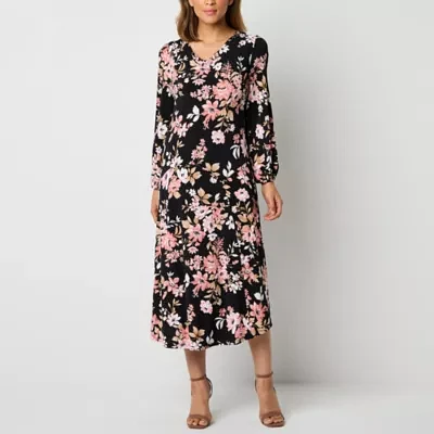 Robbie Bee Womens 3/4 Sleeve Floral Midi Fit + Flare Dress