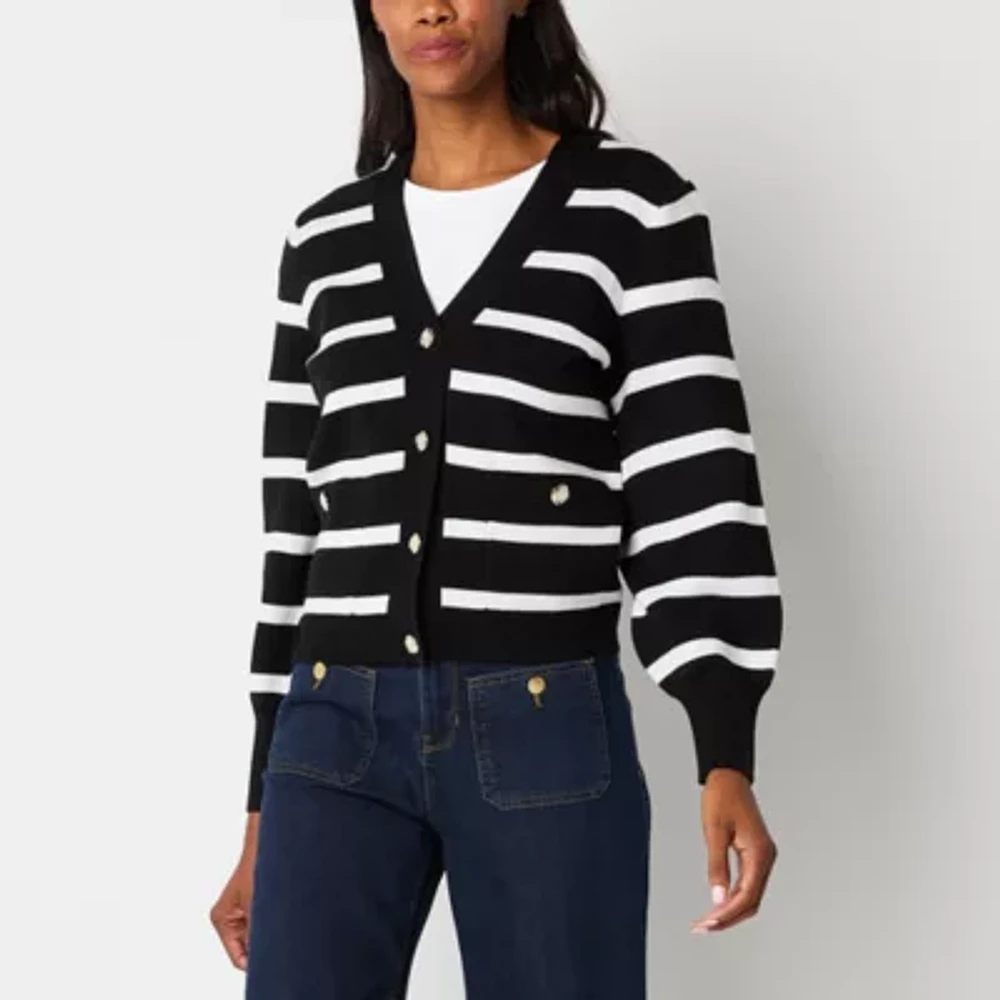 Liz Claiborne Womens V Neck Long Sleeve Button Striped Cardigan