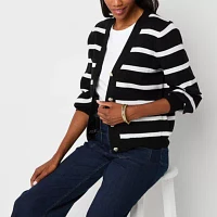 Liz Claiborne Womens V Neck Long Sleeve Button Striped Cardigan