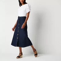 Liz Claiborne Womens Mid Rise Midi Denim Skirt