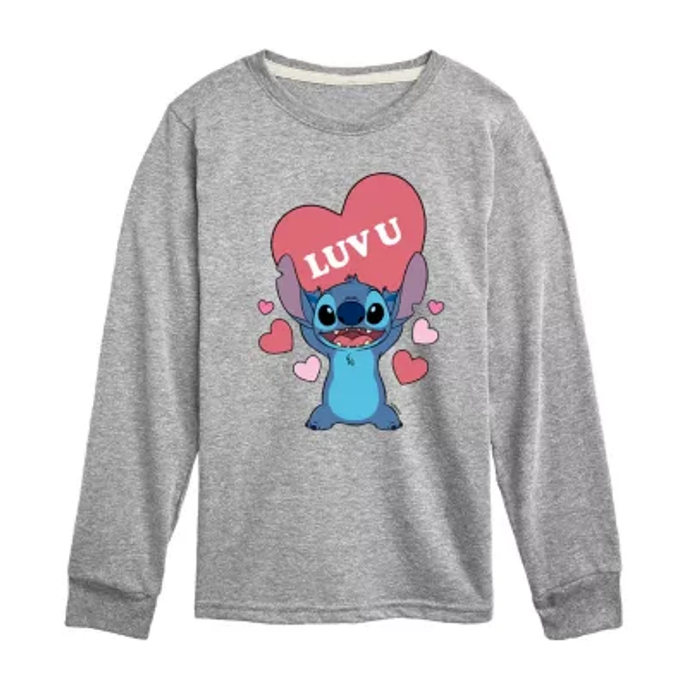 Disney Collection Little & Big Boys Crew Neck Long Sleeve Stitch Graphic T-Shirt