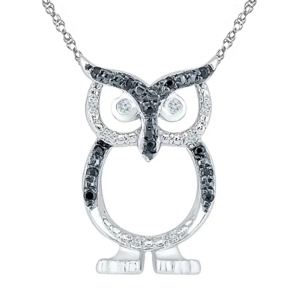 Owl Womens Diamond Accent Mined Black Diamond Sterling Silver Pendant Necklace