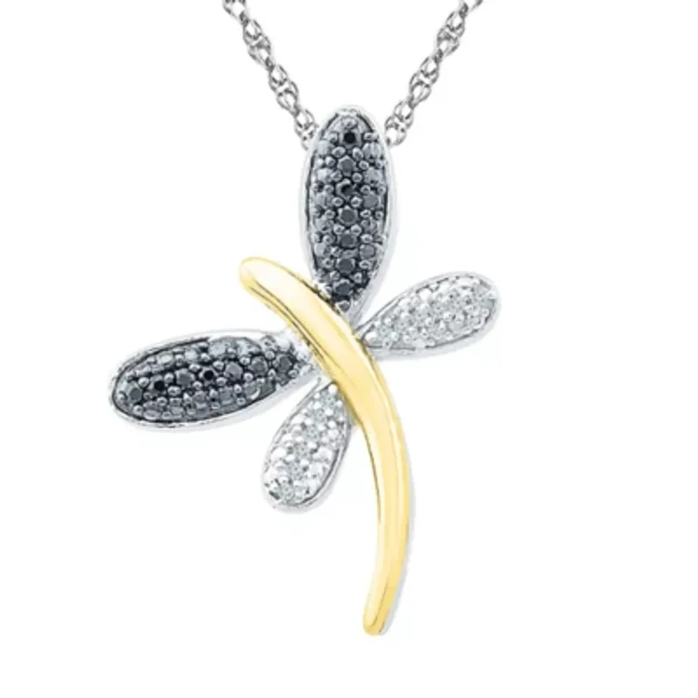 Dragonfly Womens Diamond Accent Natural Black Diamond 10K Gold Over Silver Pendant Necklaces