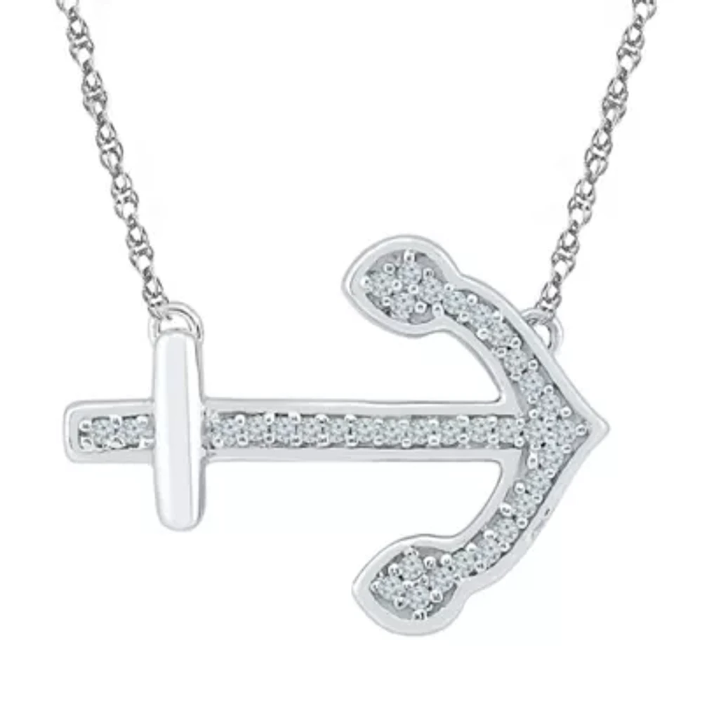 Womens 1/10 CT. T.W. Natural White Diamond Sterling Silver Anchor Pendant Necklace