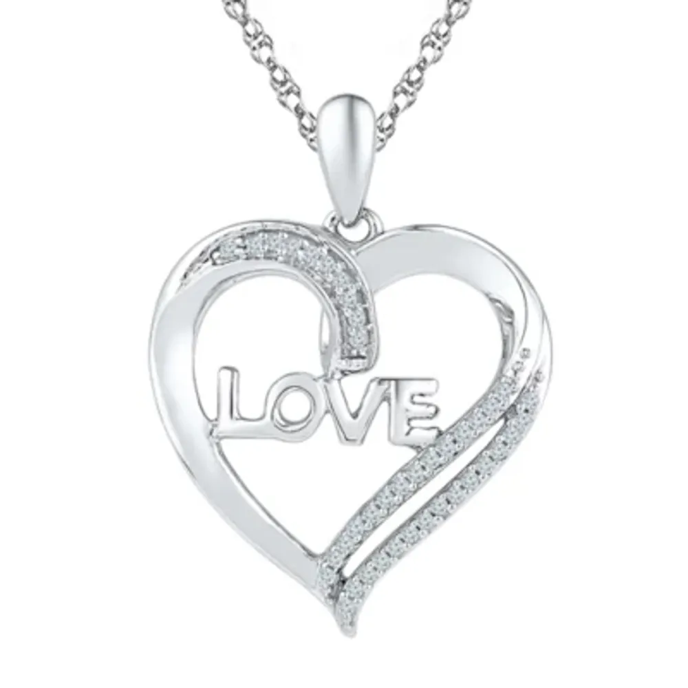 "Love" Womens 1/10 CT. T.W. Natural White Diamond Sterling Silver Heart 18 Inch Pendant Necklace