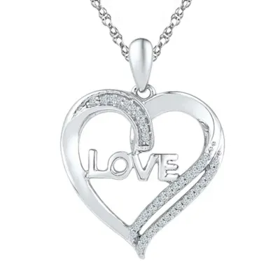"Love" Womens 1/10 CT. T.W. Natural White Diamond Sterling Silver Heart 18 Inch Pendant Necklace