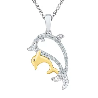 "Mother And Daughter" Dolphin Womens 1/10 CT. T.W. Mined White Diamond 10K Gold Over Silver Pendant Necklace