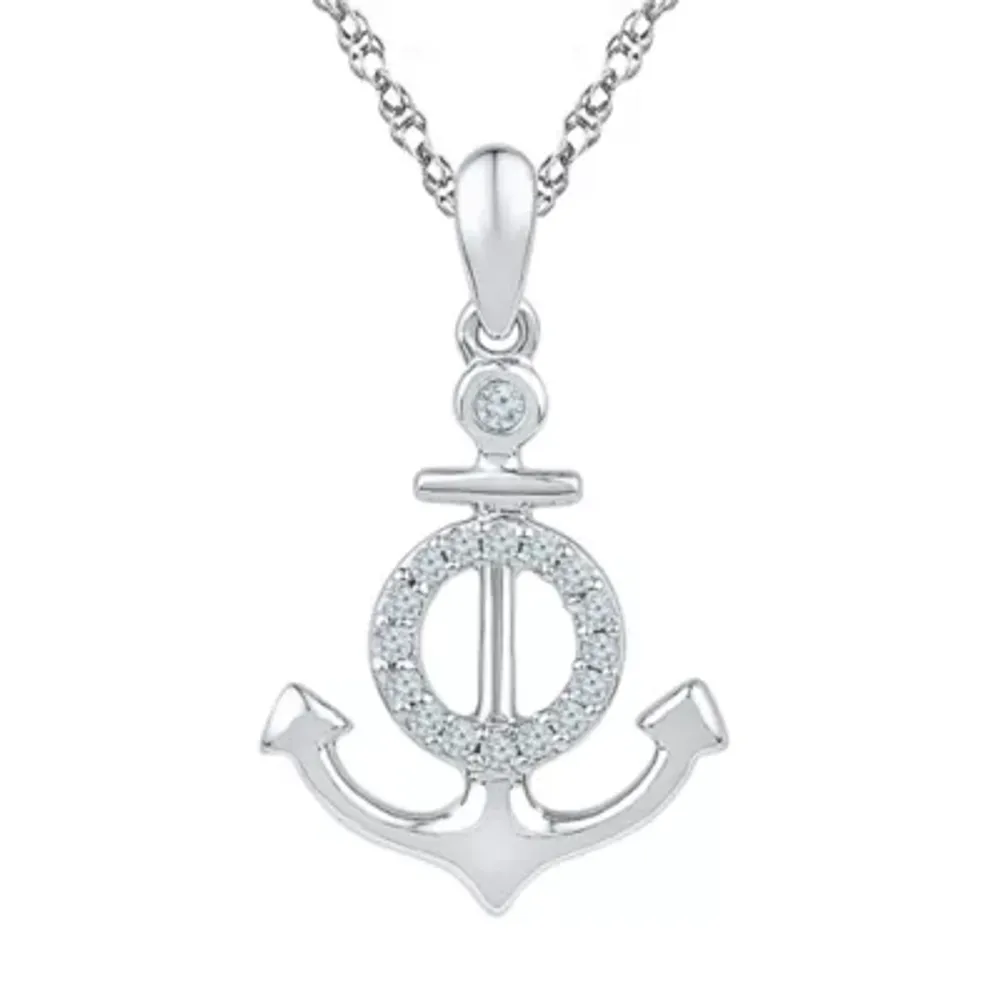 Womens 1/10 CT. T.W. Natural White Diamond Sterling Silver Anchor Pendant Necklace