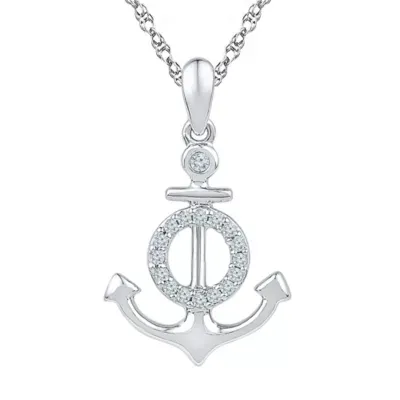 Womens 1/10 CT. T.W. Mined White Diamond Sterling Silver Anchor Pendant Necklace