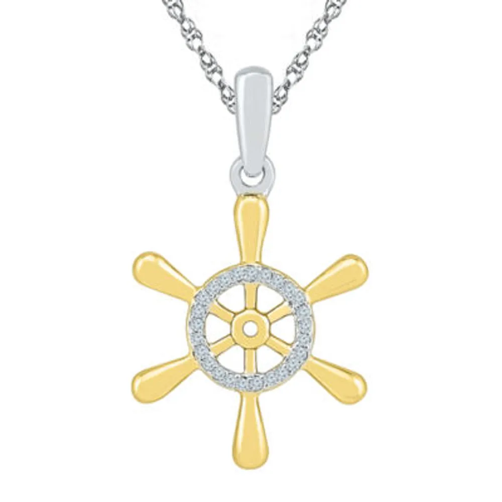 Wheel Womens Diamond Accent Natural White Diamond 10K Gold Over Silver Pendant Necklace