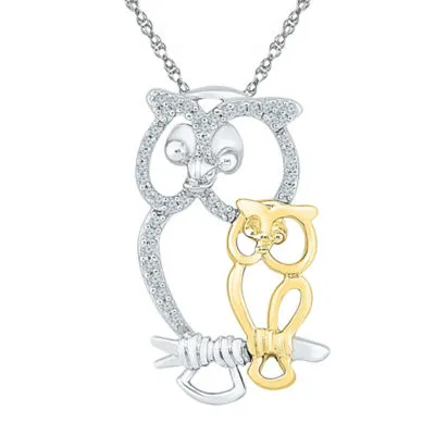 "Mother And Daughter" Owl Womens 1/10 CT. T.W. Mined White Diamond 10K Gold Over Silver Pendant Necklace