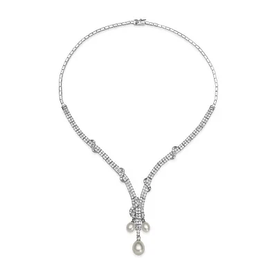 Silver Over Brass Cultured Freshwater Pearl and Cubic Zirconia Bridal Pendant Necklace