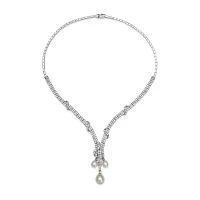 Silver Over Brass Cultured Freshwater Pearl and Cubic Zirconia Bridal Pendant Necklace