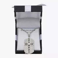 Mens White Cubic Zirconia Sterling Silver Cross Dog Tag 24 Inch Pendant Necklace