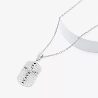 Mens White Cubic Zirconia Sterling Silver Cross Dog Tag 24 Inch Pendant Necklace