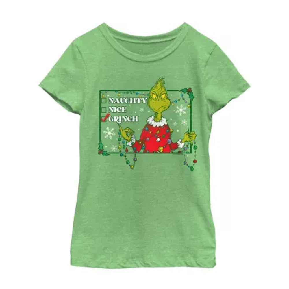 Little & Big Girls Checklist Crew Neck Short Sleeve Grinch T-Shirt