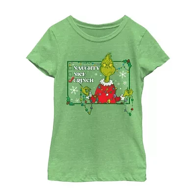 Little & Big Girls Checklist Crew Neck Short Sleeve Grinch T-Shirt