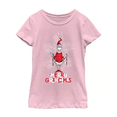 Little & Big Girls Merry Grinchmas Crew Neck Short Sleeve Grinch T-Shirt