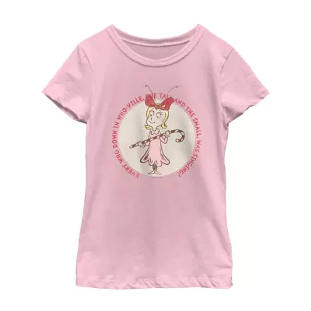 Little & Big Girls Cindy Lou Who Stamp Crew Neck Short Sleeve Grinch T-Shirt