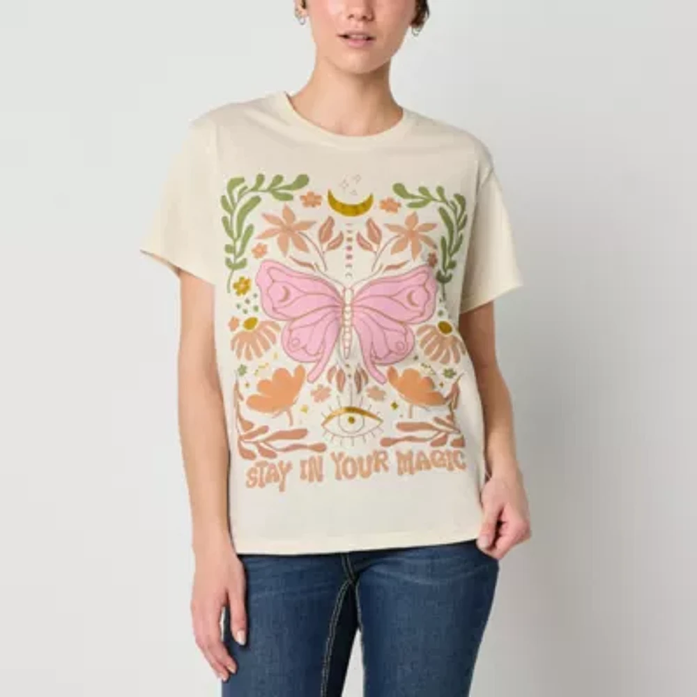 Jerry Leigh Juniors Butterfly Magic Boyfriend Tee Womens Crew Neck Short Sleeve Graphic T-Shirt