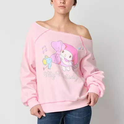 Juniors Off The Shoulder Womens Straight Neck Long Sleeve Hello Kitty My Melody Sweatshirt