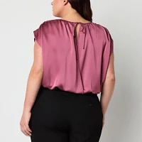 Worthington Plus Womens Round Neck Short Sleeve Satin Blouse