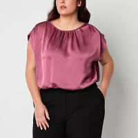 Worthington Plus Womens Round Neck Short Sleeve Satin Blouse