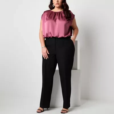 Worthington Plus Womens Round Neck Short Sleeve Satin Blouse