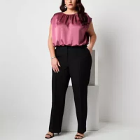 Worthington Plus Womens Round Neck Short Sleeve Satin Blouse