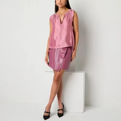 Worthington Womens Split Tie Neck Short Sleeve Blouse