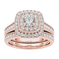 Womens 3/4 CT. T.W. Natural White Diamond 14K Gold Cushion Halo Bridal Set