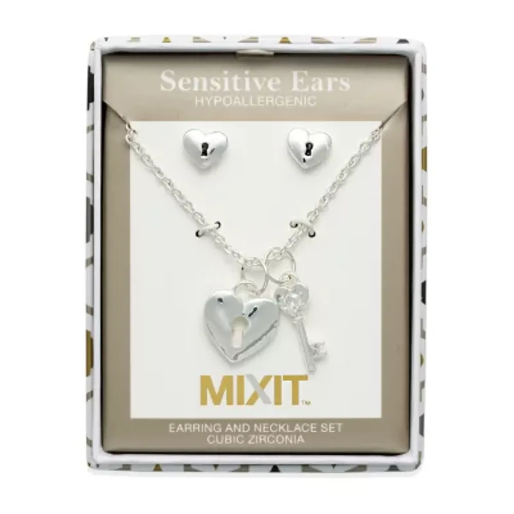 Mixit Hypoallergenic Silver Tone Pendant Necklace & Stud Earrings 2-pc. Heart Keys Jewelry Set