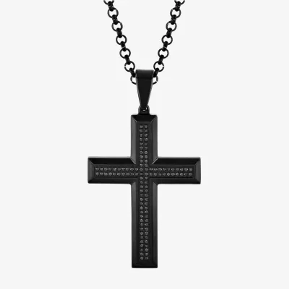 Mens 1/2 CT. T.W. Natural Black Diamond Stainless Steel Cross Pendant Necklace